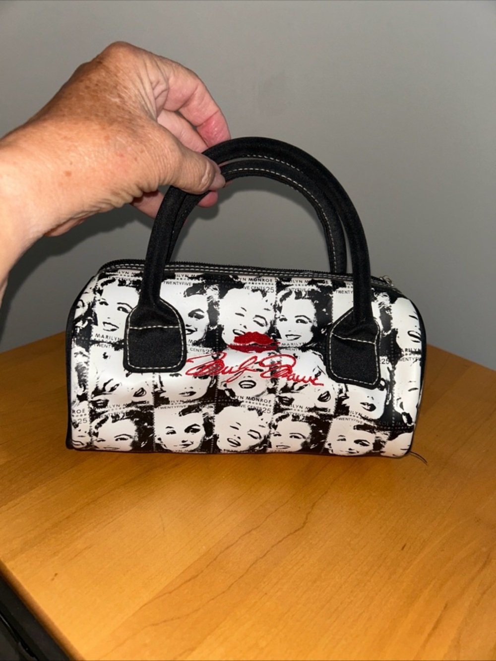 Black & White Marilyn Print Mini Satchel with Red Lip Accent - Picture 3 of 11